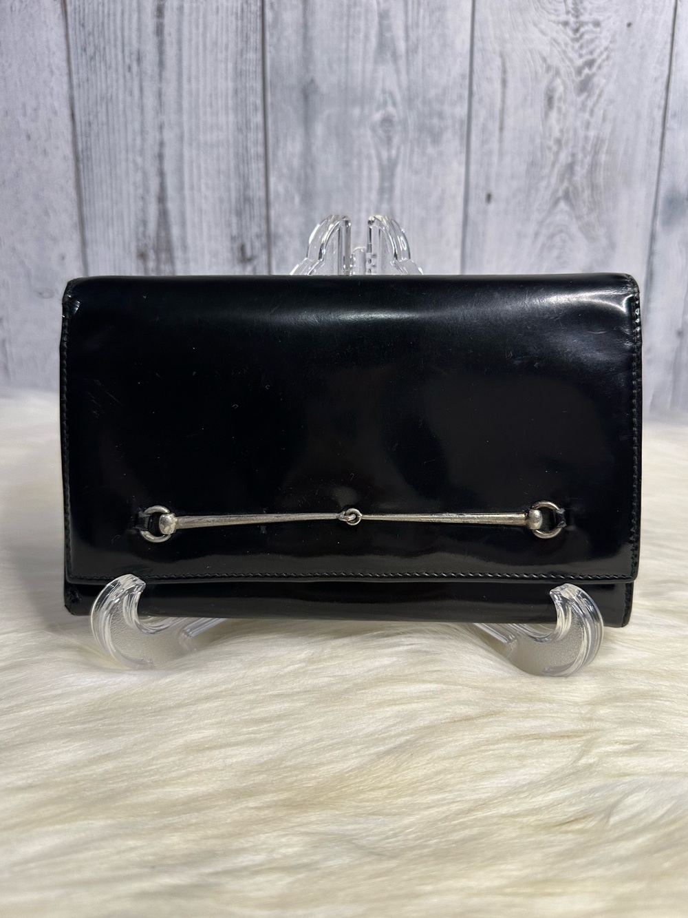 GUCCI Black Patent Leather Wallet with Silver Accent